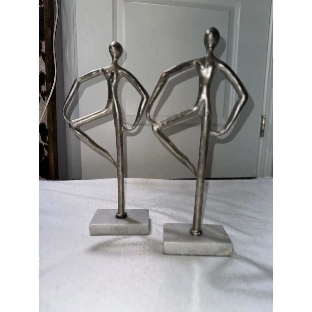 Set of 2 Abstract Metal Ballerina Dancer Statues Pewter Finish Marble Base